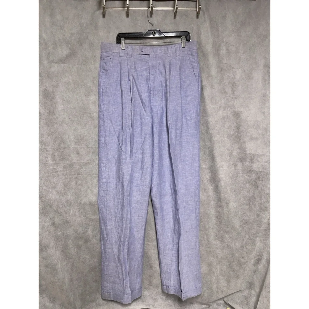 Men Linen Pants 36X39 Lavender Baggy Linen Wide Leg Hopsack Pleat Cuffs Lorenier